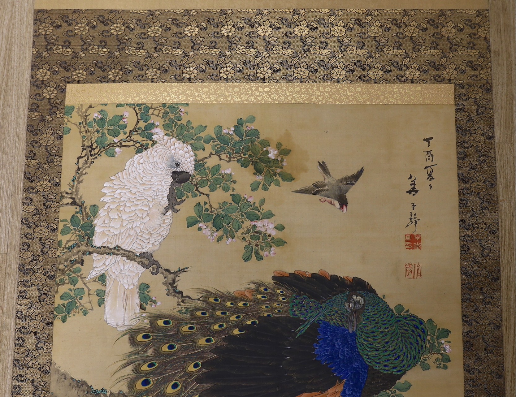 A Japanese scroll painting on silk of birds, Meiji period, bone scroll ends, Image of 137cm X 71 cm